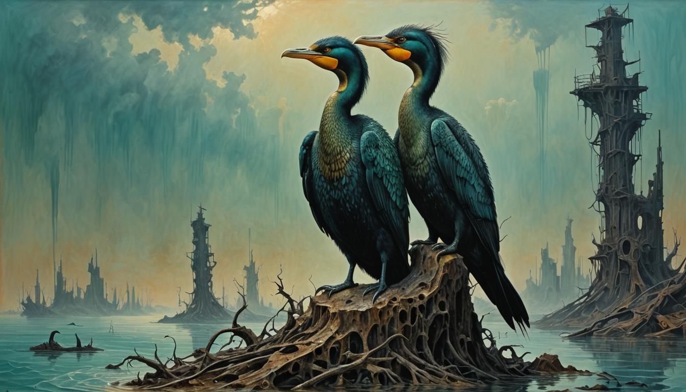 Dystopian Cormorants in Surreal Metal Art Style