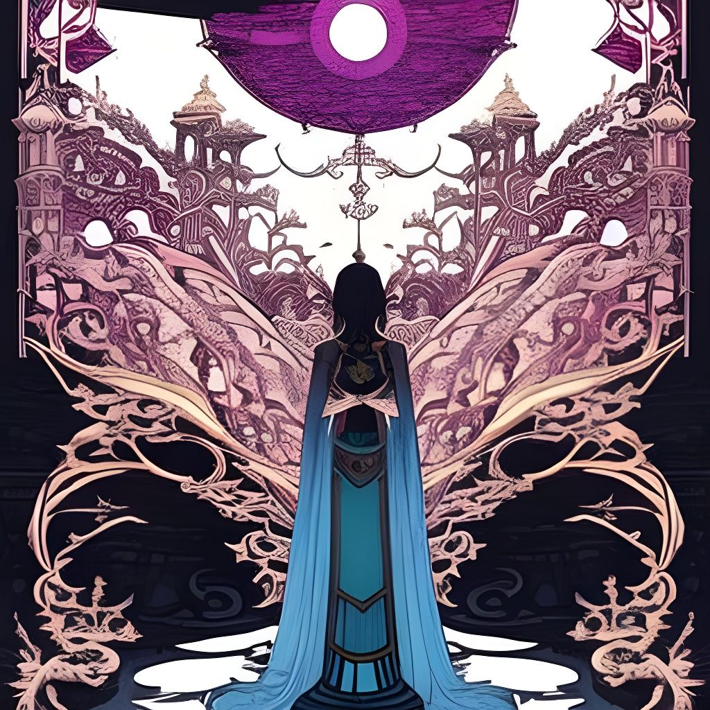 Steampunk Blimp Sunset with Goth Queen, Art Nouveau