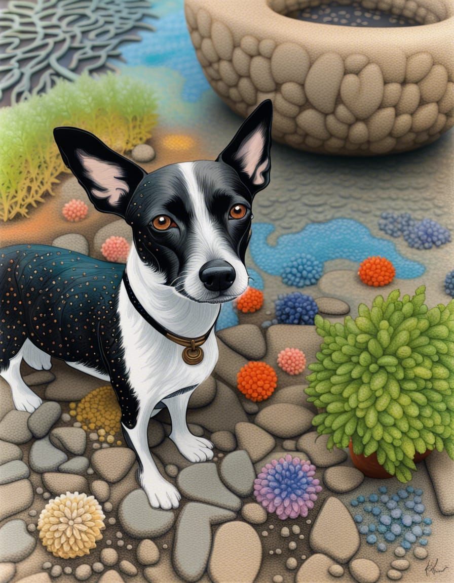 Dog in Garden: Ink Painting in Frida Kahlo Style