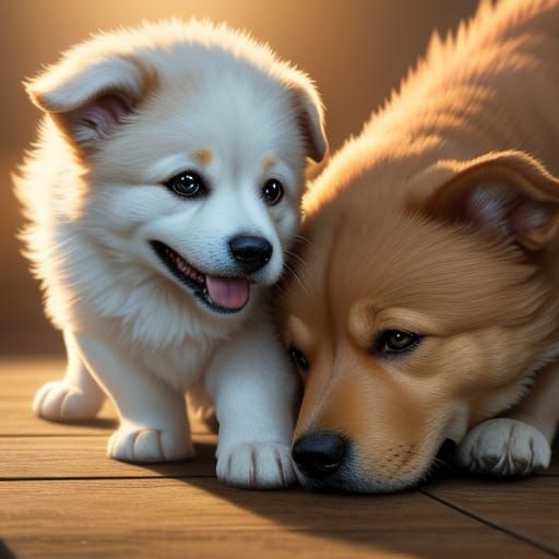 Vibrant Digital Painting of a Playful Dog and Puppy