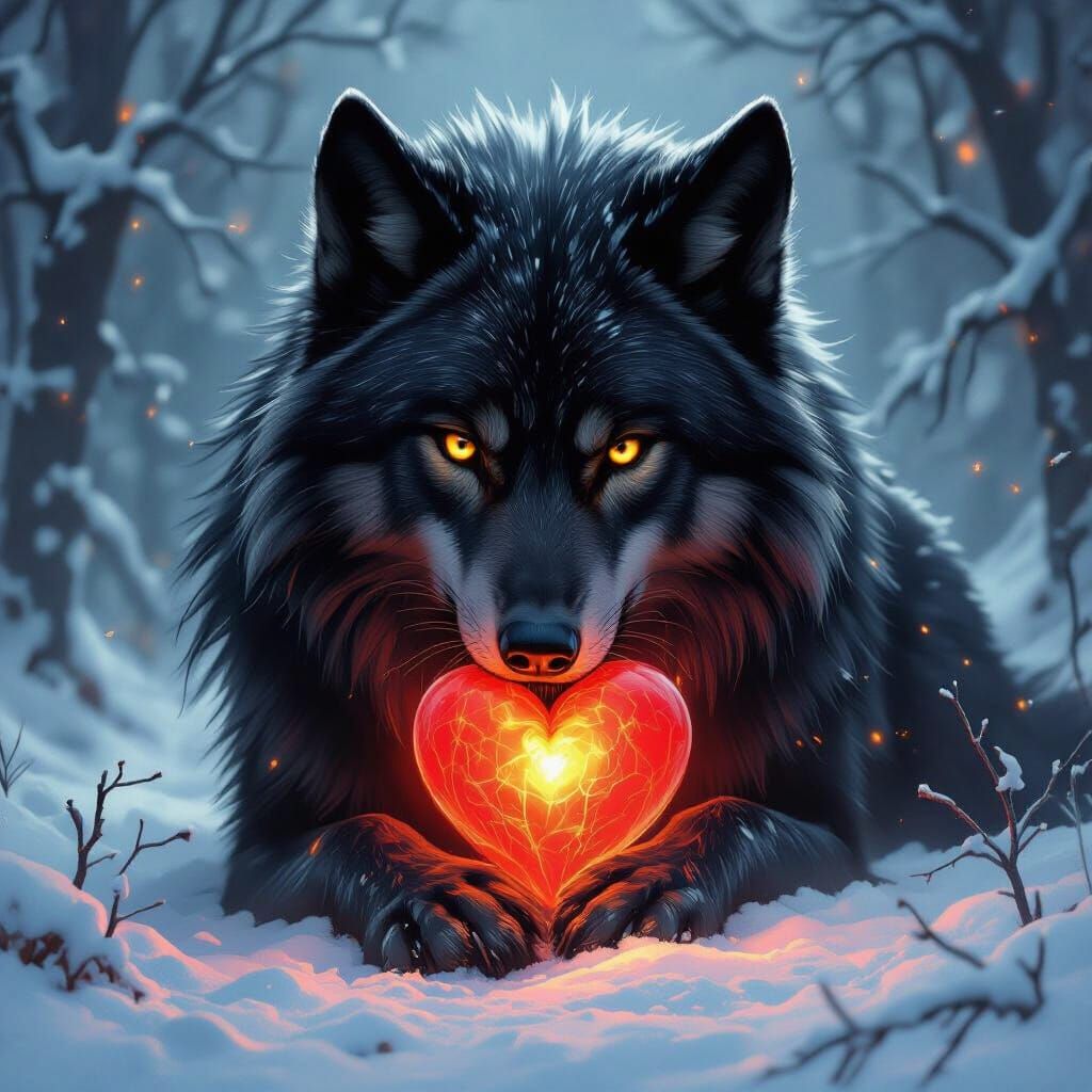 Majestic Black Wolf Holds Glowing Heart in Moonlit Forest