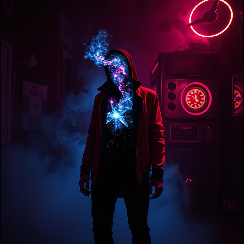 Surreal Man in a Smoky, Neon Galaxy Room