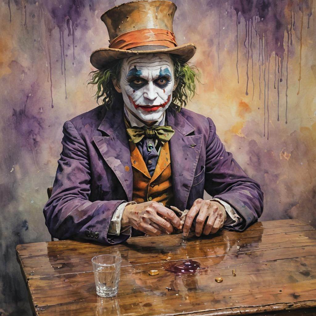 Joker as the Mad Hatter in Muted Post-impressionist Watercol...
