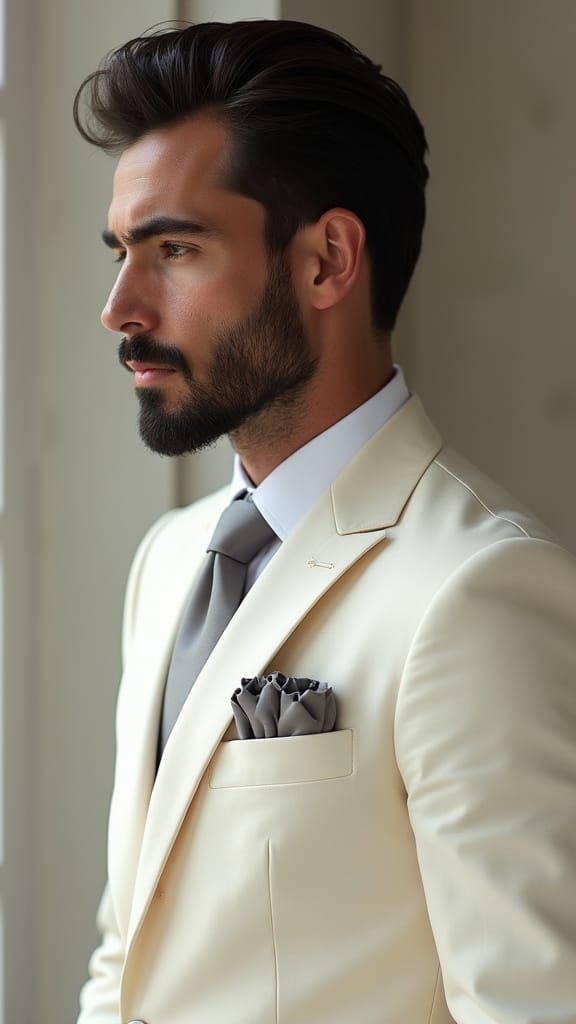 Elegant Man in Cream Suit: High-Fashion Editorial Photograph...