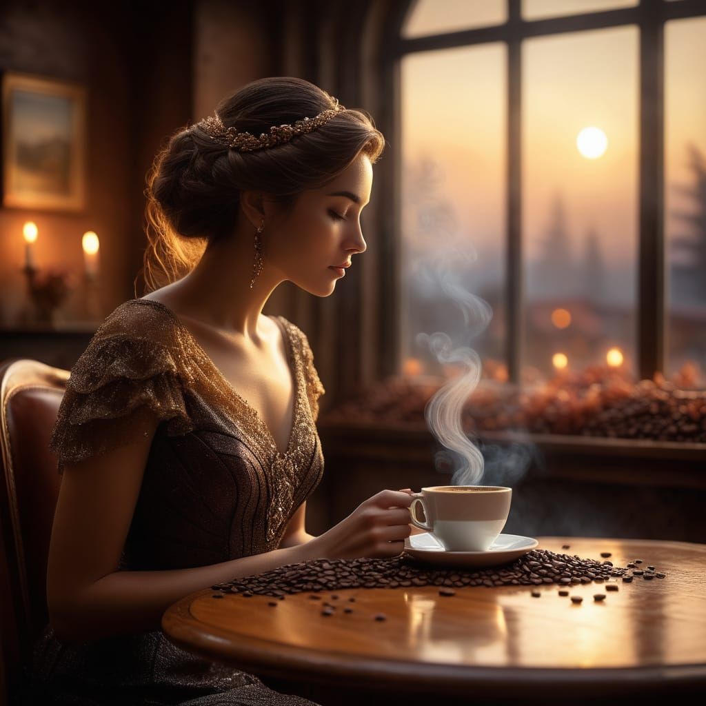 Ethereal Coffee Scene in Golden Light