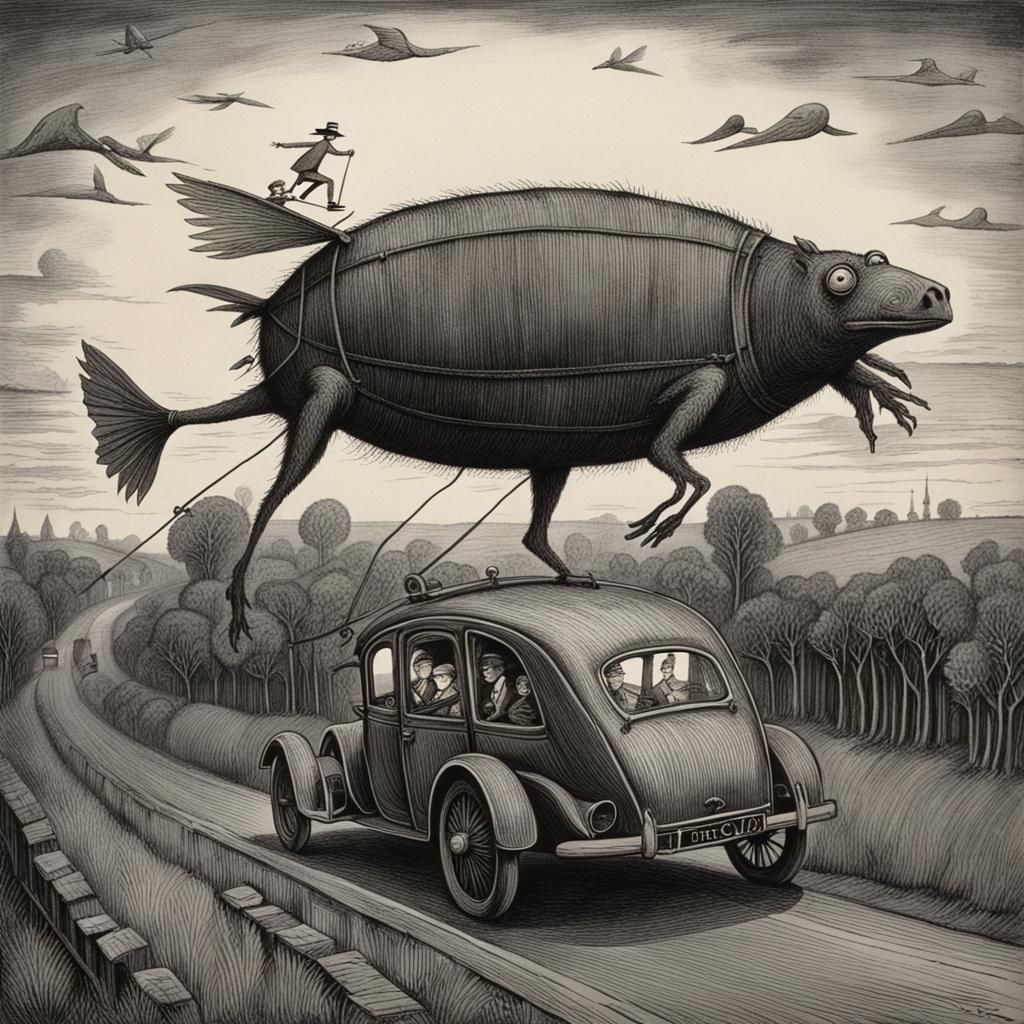 Car Flying on Road Bend in Dark Fantasy Style