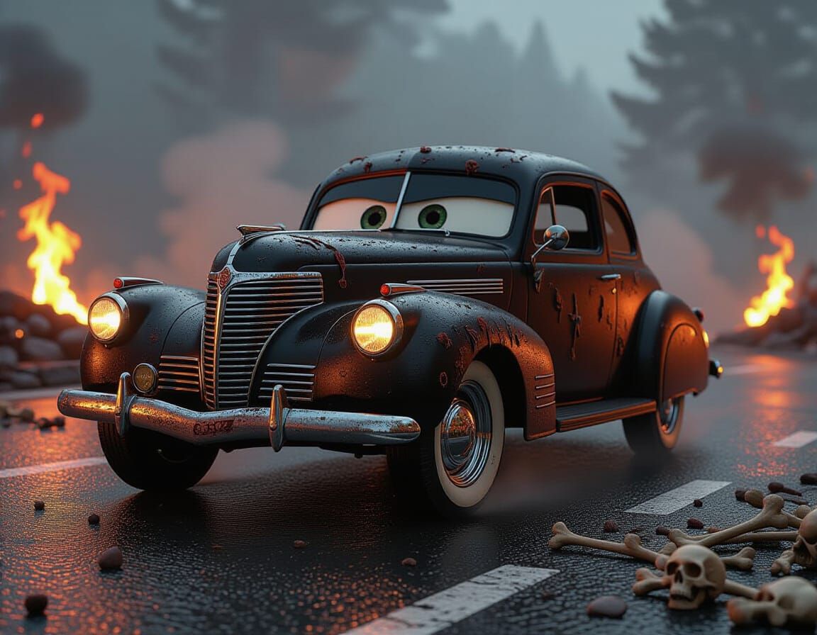 Evil Car in Hellfire Scene, Cinematic Masterpiece