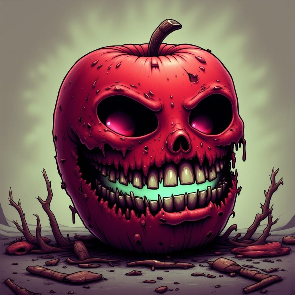 Dark Fantasy Apple Creature Grins Sinisterly in Chimeric For...