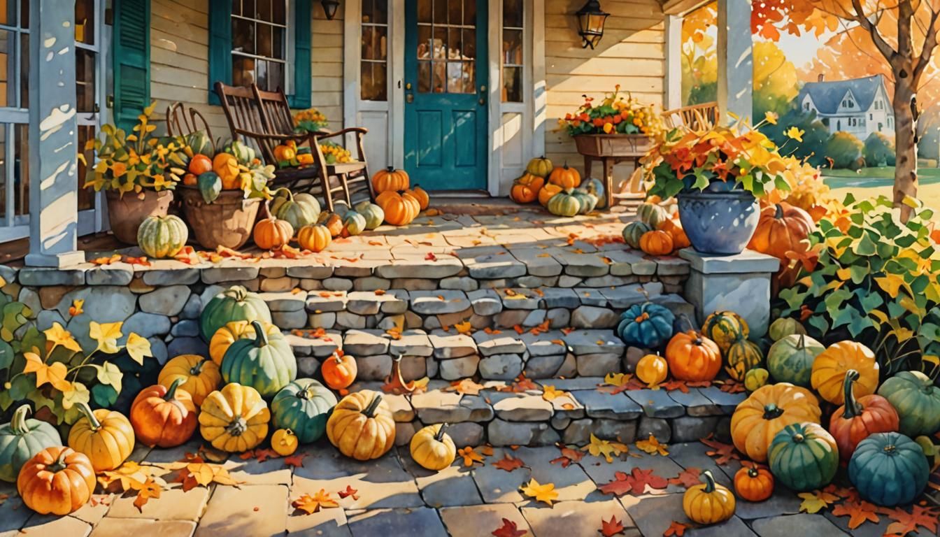 Colorful Gourds Decorate a Cottage Porch in Watercolor