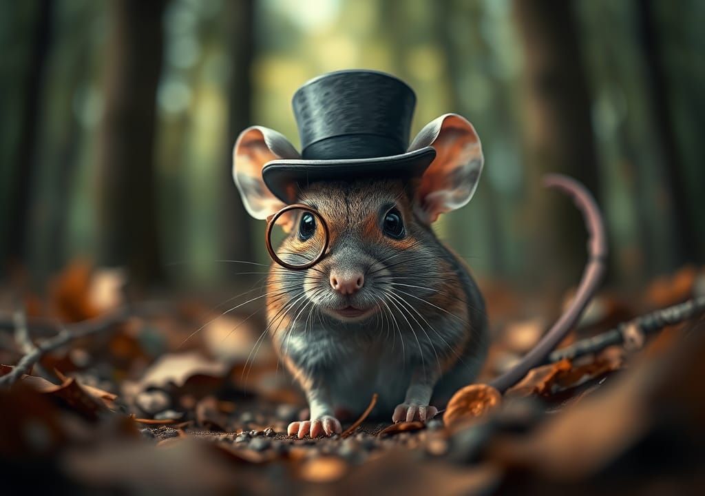 Mouse with Top Hat and Monocle in Woods
