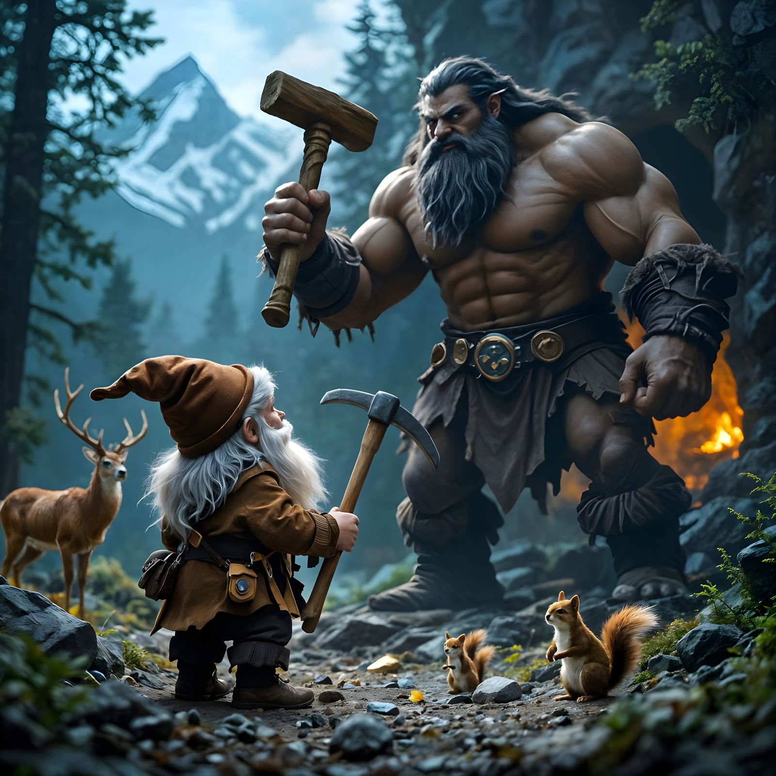 Dwarf Faces Giant in Dark Nordic Forest