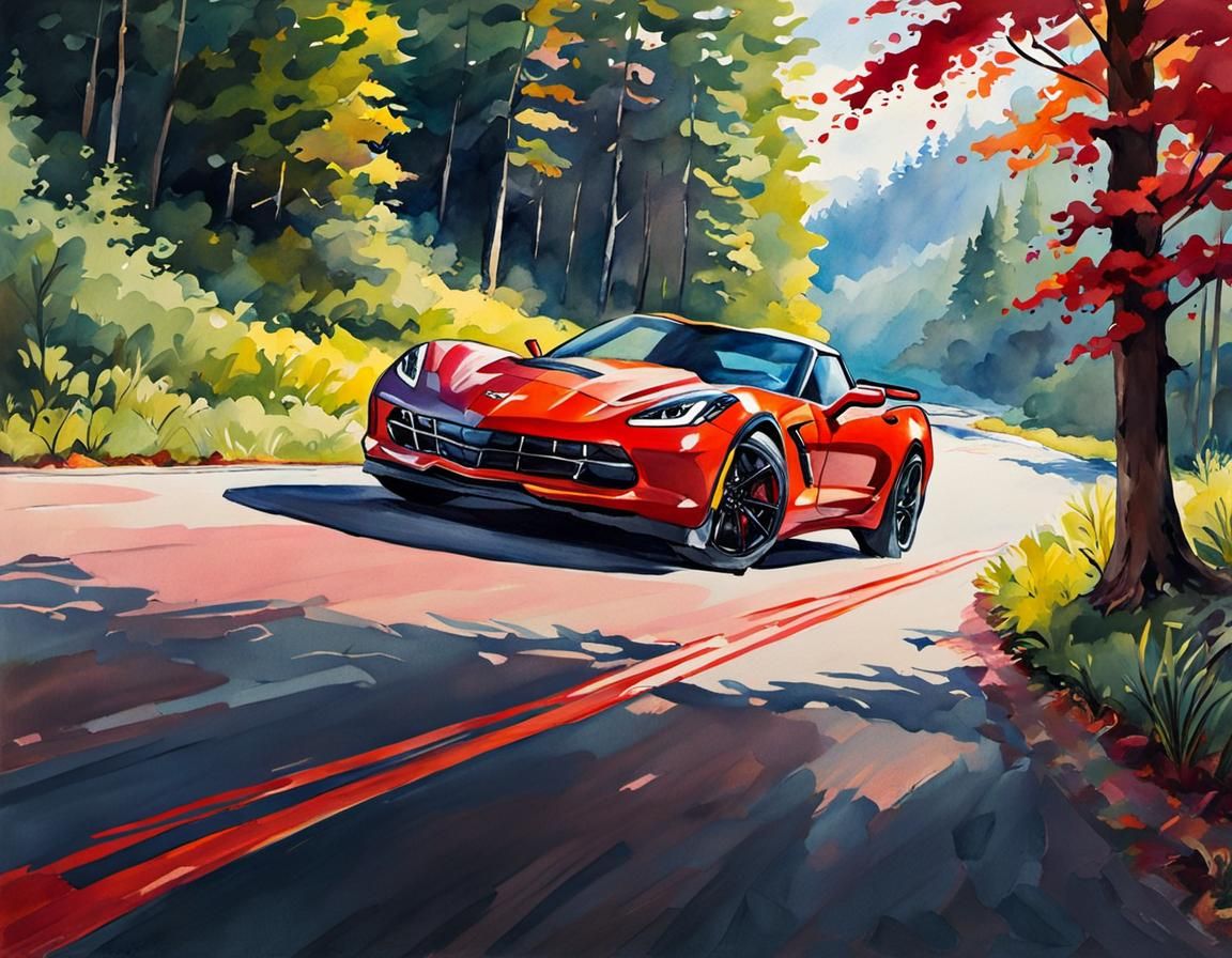 Red Corvette Silhouette in Gouache Impressionist Style