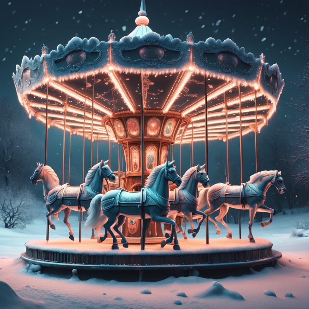 Ethereal Carousel in Frosty Hypermodern Scene