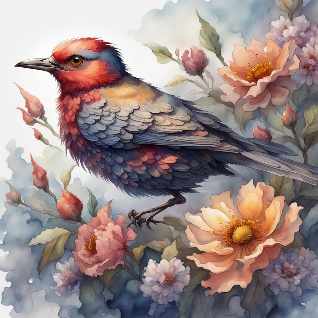 Edith Holden Style Watercolour Bird with Flowers