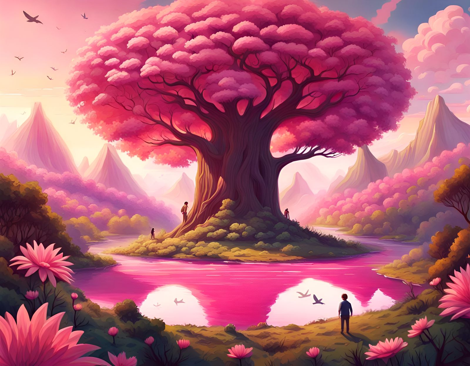 Utopian World with Pink Rivers and Flower Trees