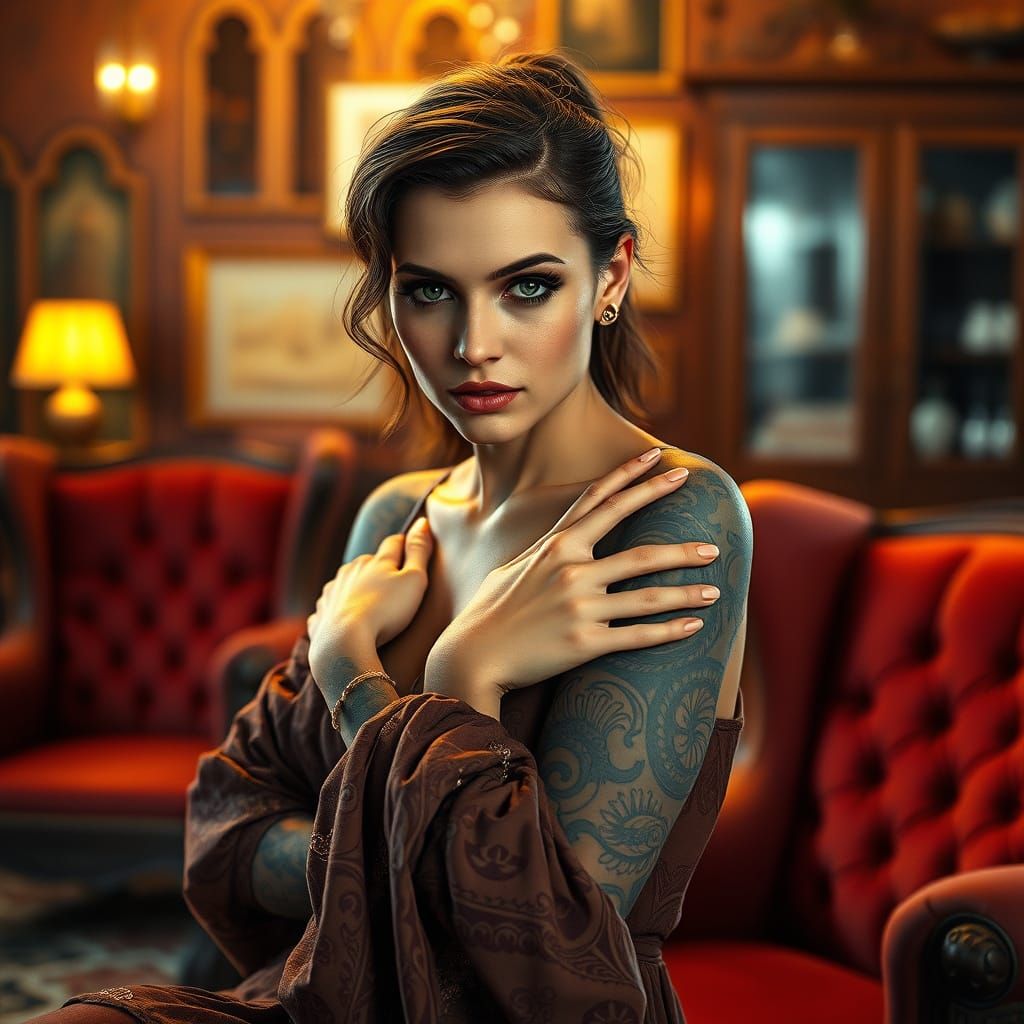 Hyperrealistic Portrait of a Tattooed Woman in Intimate, Vin...