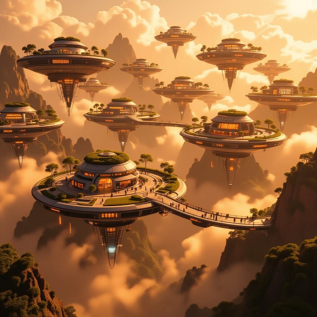 Floating Cityscape with Suspended Bridges