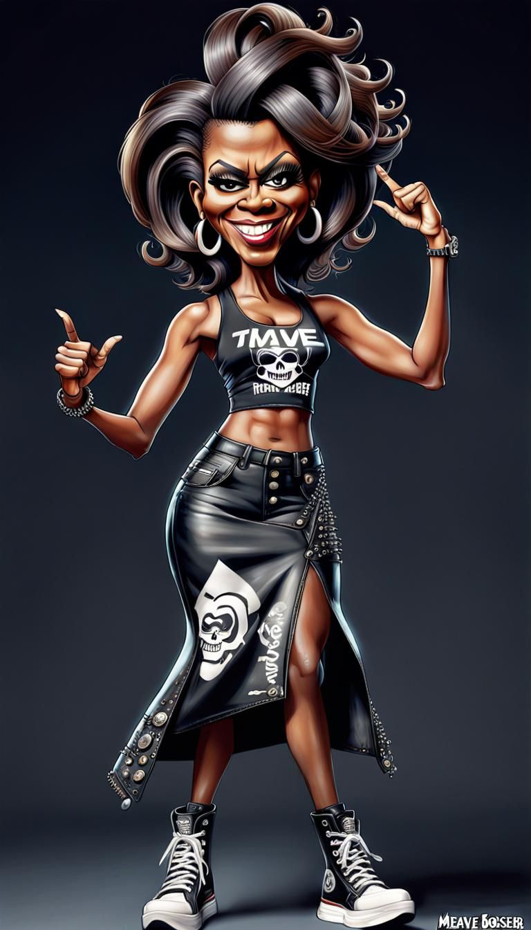 Punk rocker outfit, funny caricature of Michelle Obama, full body, smooth skin, smiling, young face, swirly hair, Confi...