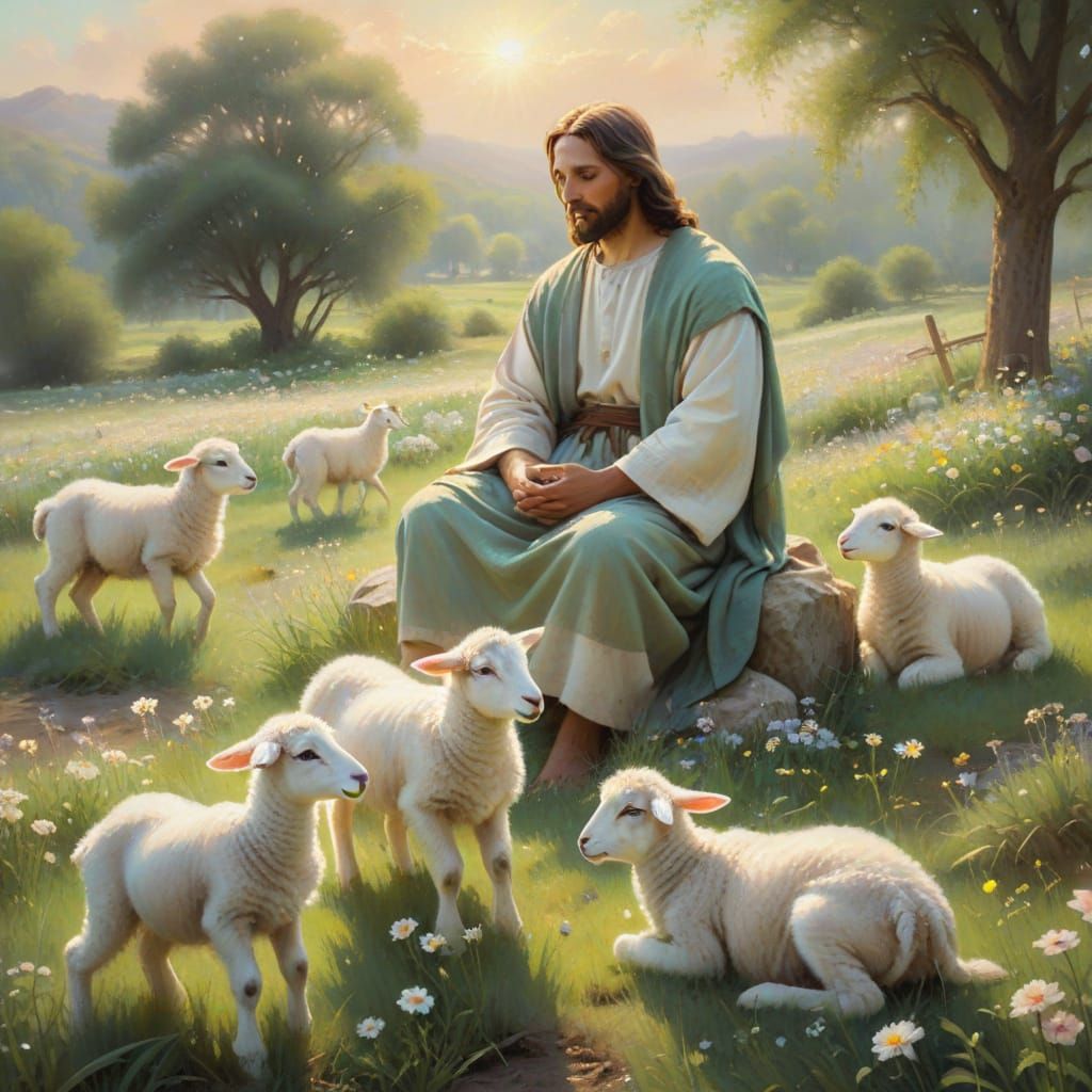 Impressionist Oil Painting of Jesus with Lamb and Children