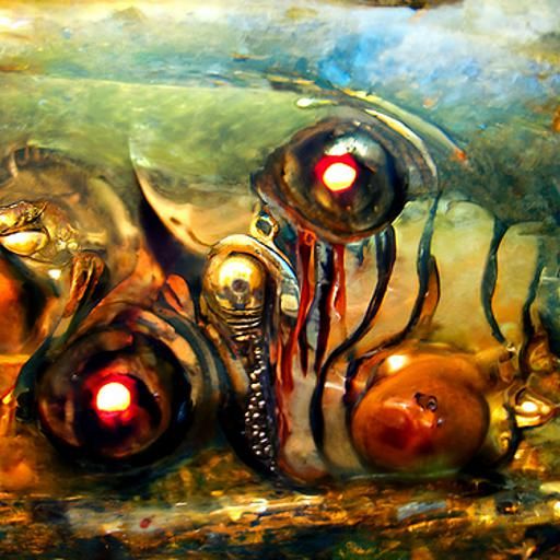 Bloody Eyes Swimming in Poisoned Sea, Steampunk Oil Painting