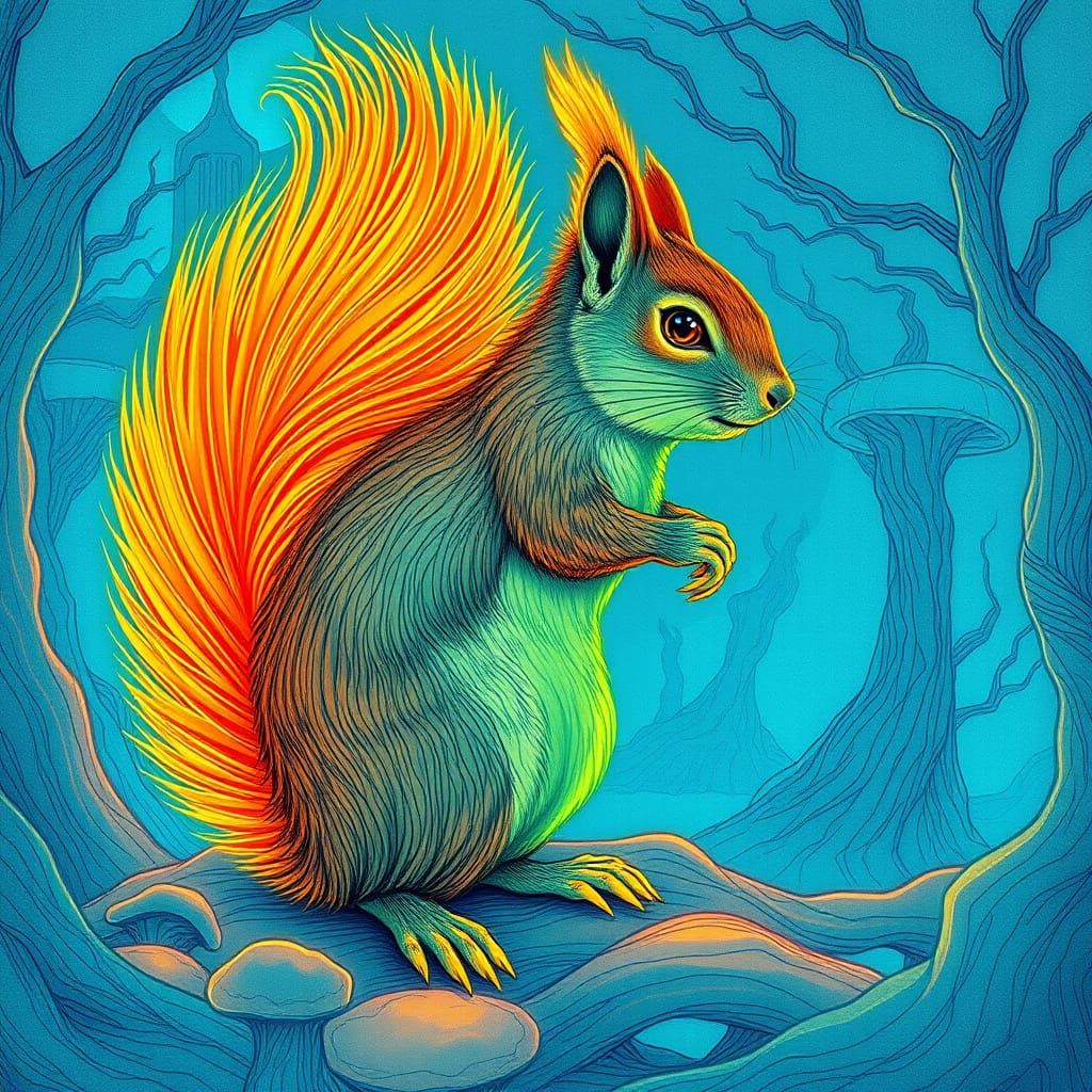 Neon Squirrel in Futuristic Forest, as Concept Art