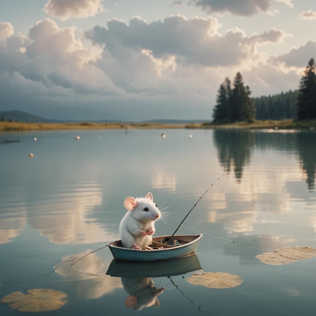 Cute Mouse Fishing on Serene Lake: Cinematic Still