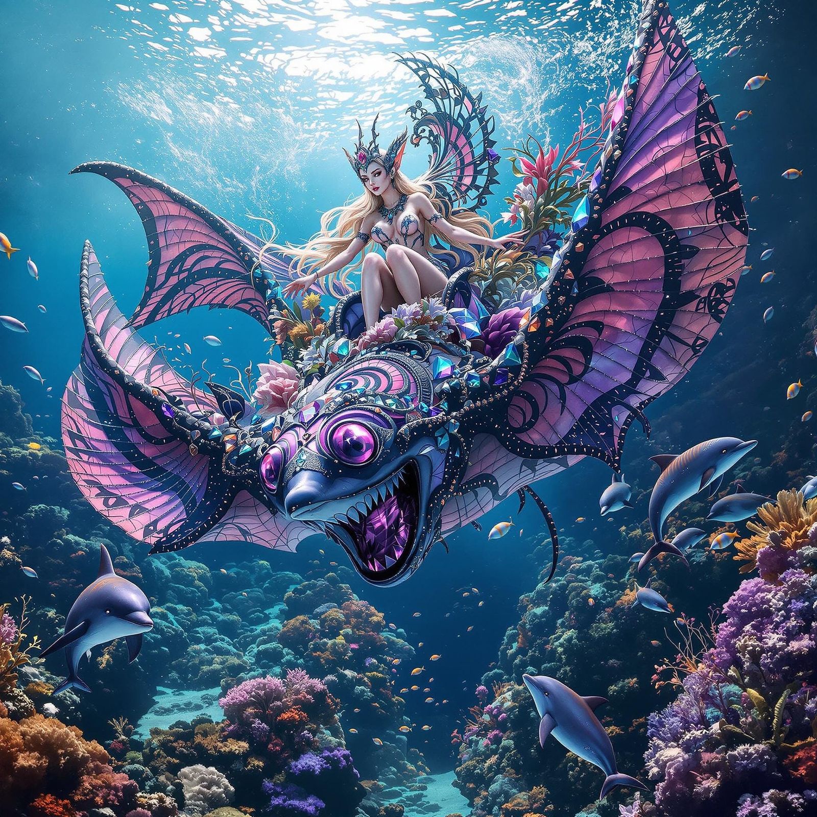 Goddess Rides Manta Ray Through Vibrant Reef