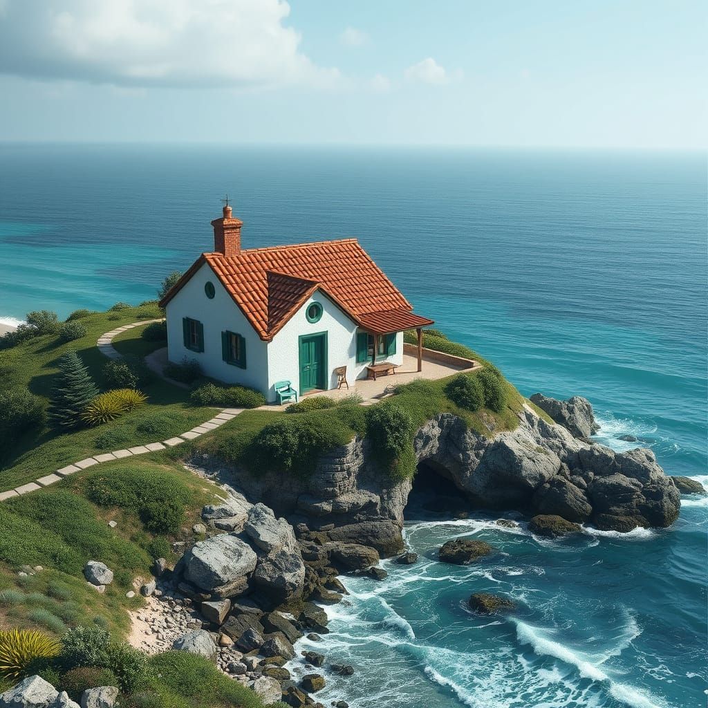Whitewashed Beach Cottage Amidst Turquoise Seascape