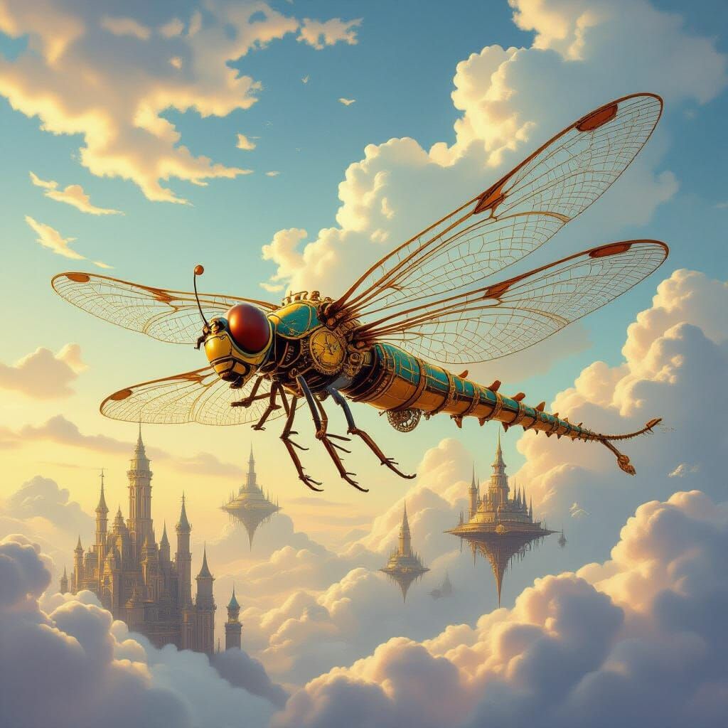 Steampunk Dragonfly Airship Soaring Through Cloudy Skies