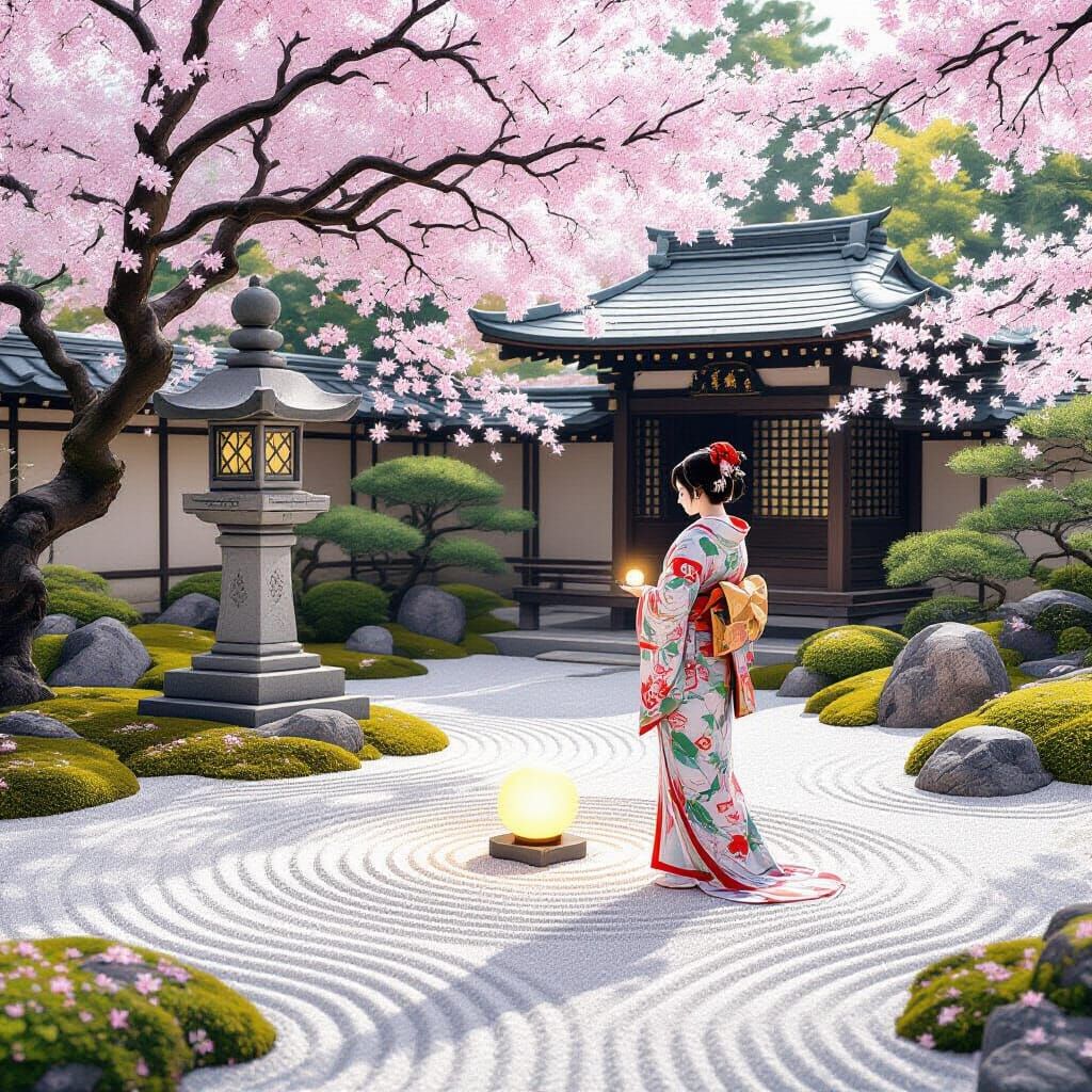 Serene Japanese Garden with Contemplative Woman