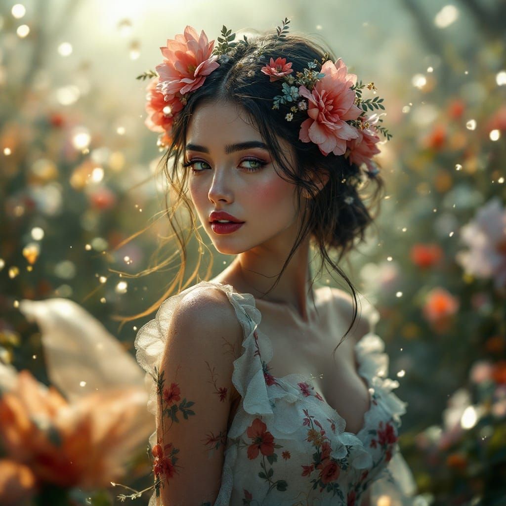 Stunning Woman in Flowery Dress: Hyperdetailed Portrait