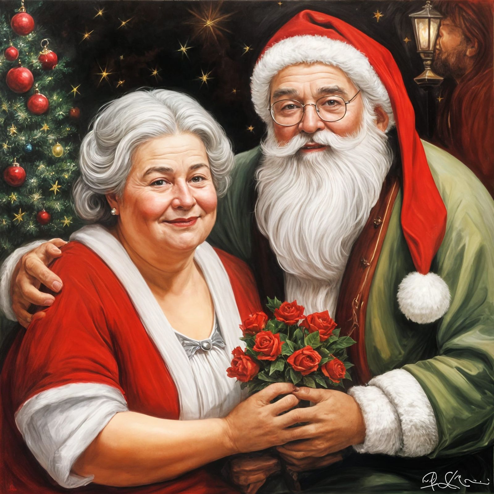 Santa and his Lovely Wife in Oil Painting