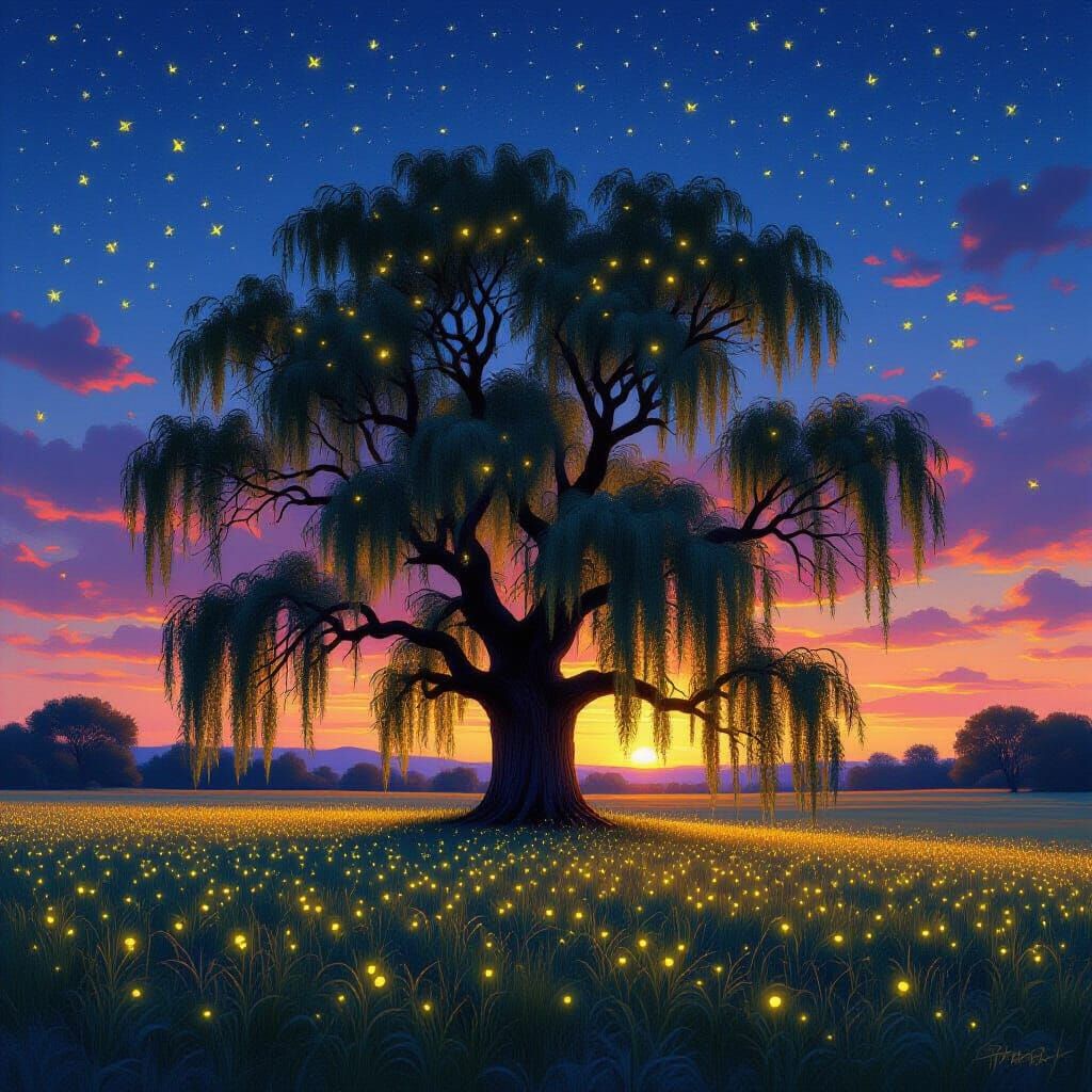 Luminous Fireflies Beneath Ancient Willow: Romantic Luminism