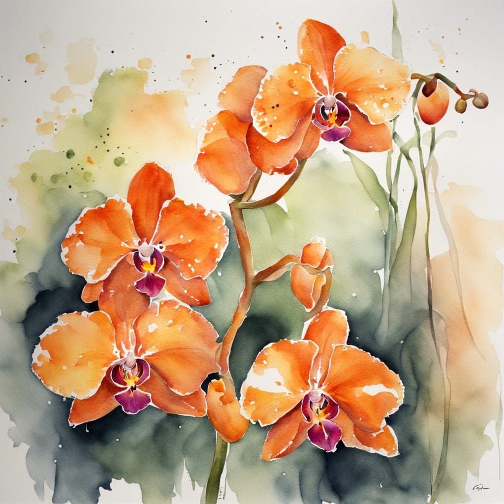 Vibrant Orange Orchids in Watercolor Style