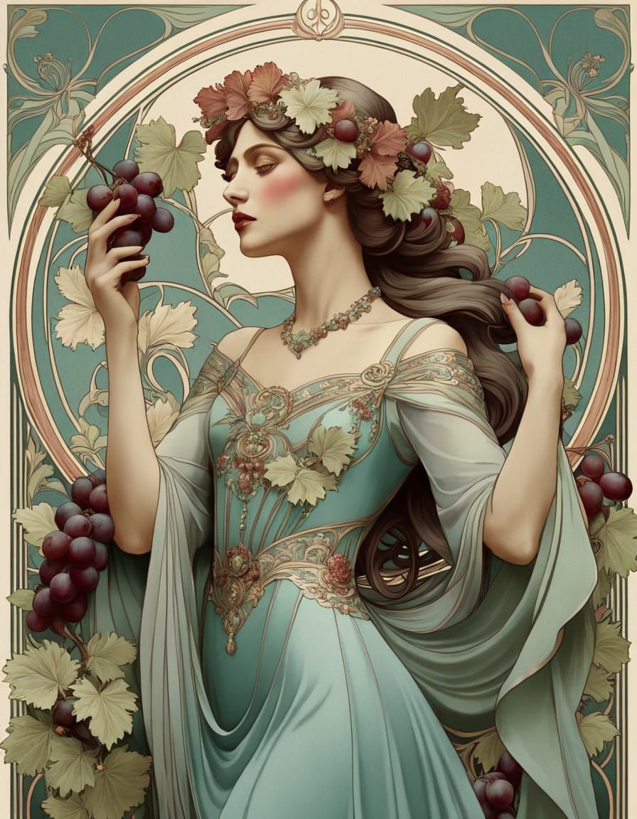 Elegant Art Nouveau Woman with Grapes and Fruits