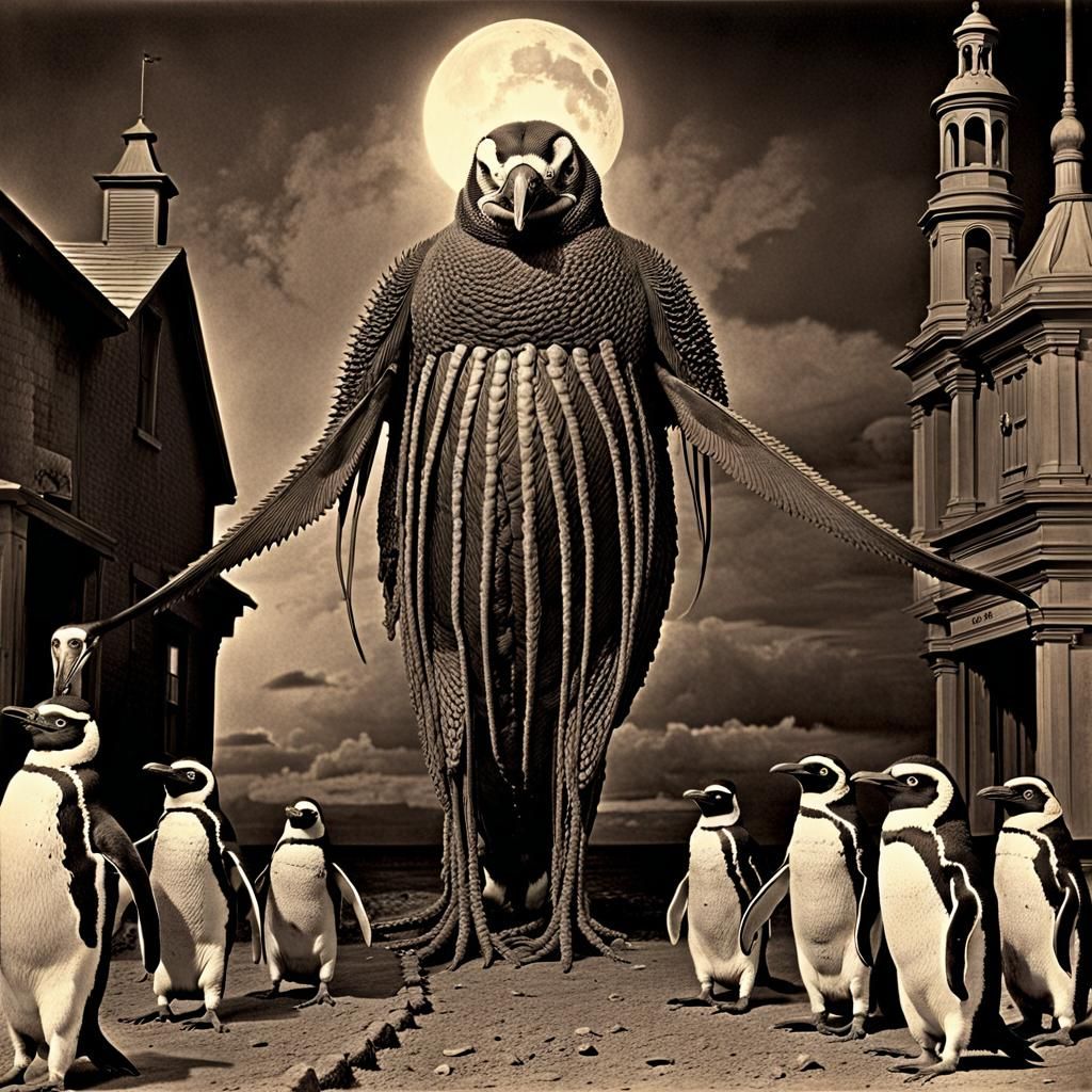 Sepia Photograph of Unnatural Creatures and Penguin