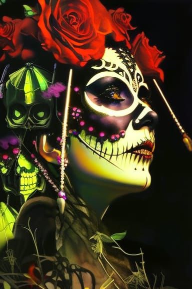 Sugar Skull Witch in Eden: Eerie Collage Portrait