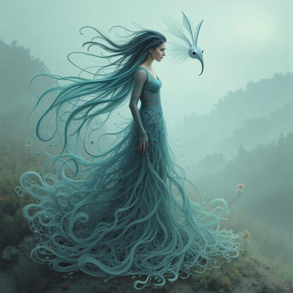 Elegant Woman in Serene Landscape, Digital Art