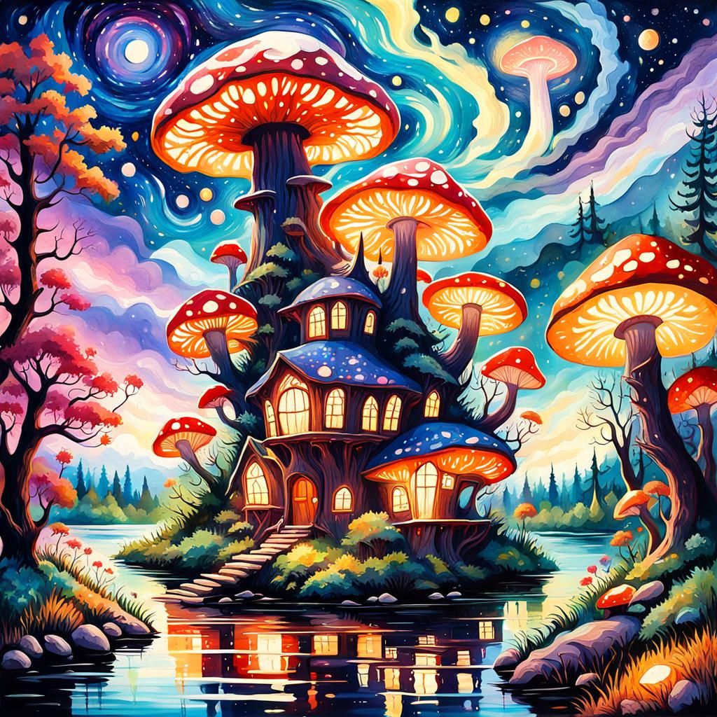 Magical Mushroom Treehouse in Gouache Watercolor Style