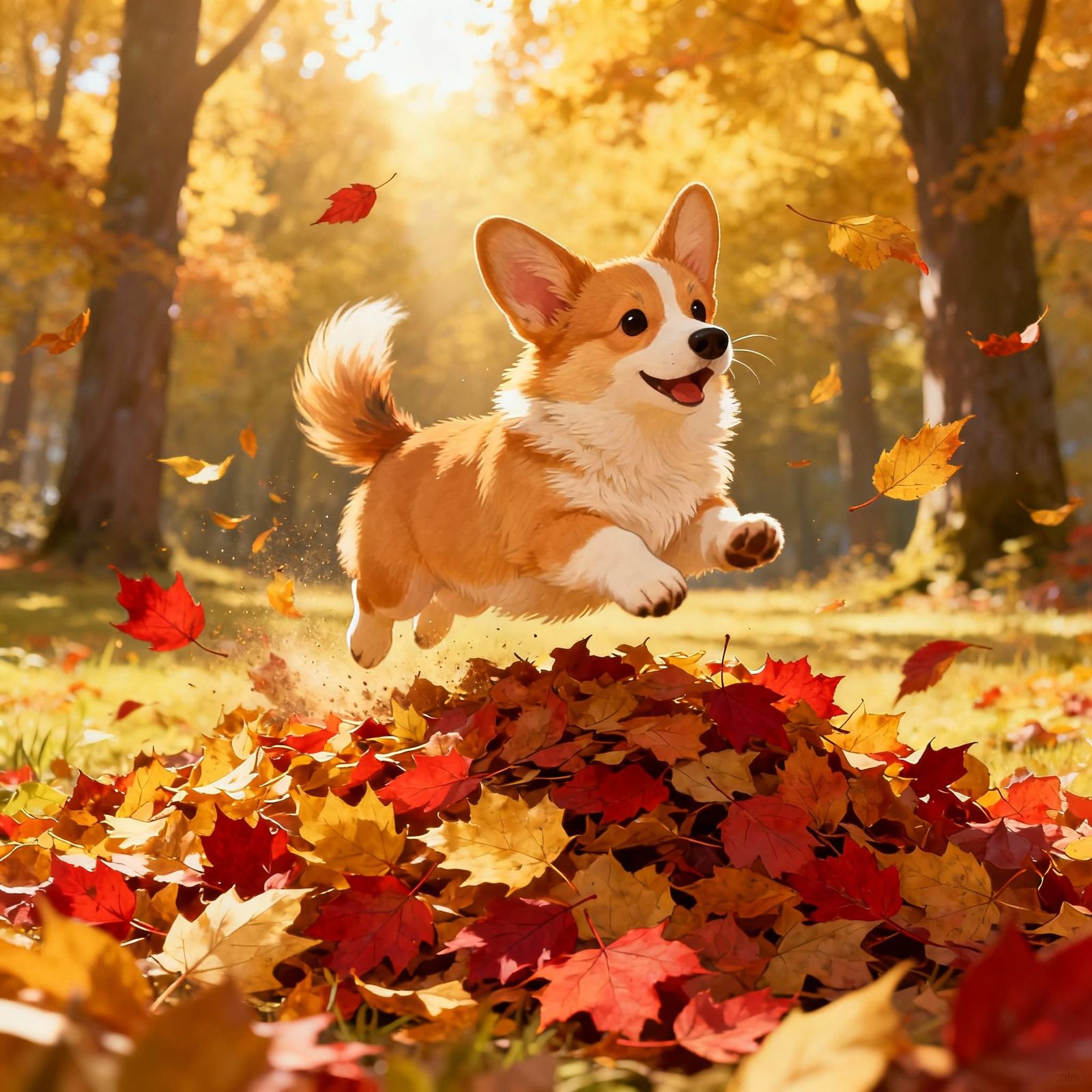 Fluffy Corgi Puppy Jumps Into Autumn Leaves