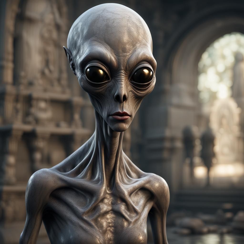 Hyperrealistic Grey Alien in Detailed Matte Painting