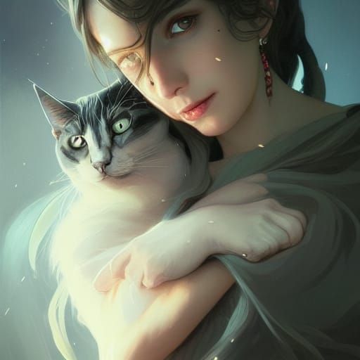 Witch and Cat Portrait in Hyperdetailed Digital Art