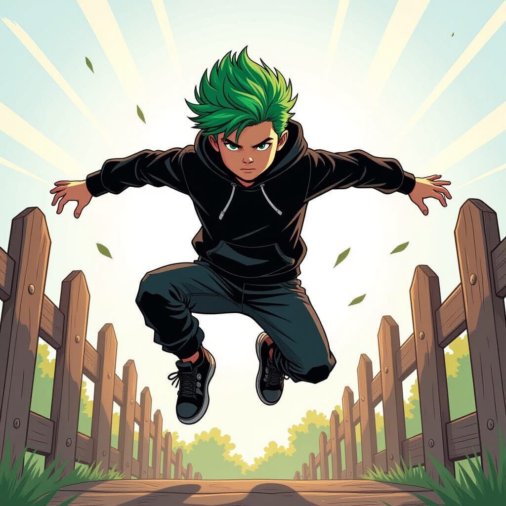 Superhero Boy Leaps Over Fence in Dynamic Action Pose