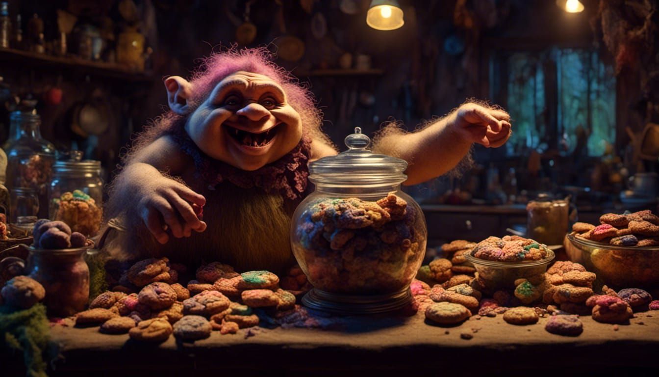 Adorable Baby Troll Reaching for Cookie Jar