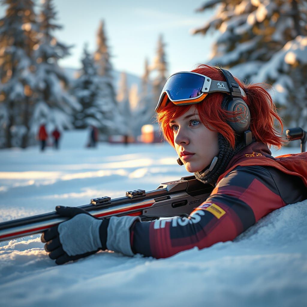 Focused Red-Haired Biathlete in Winter Landscape