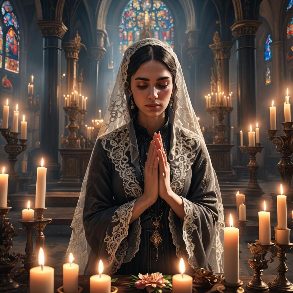 Woman Praying by Candlelight in Catholic Sanctuary