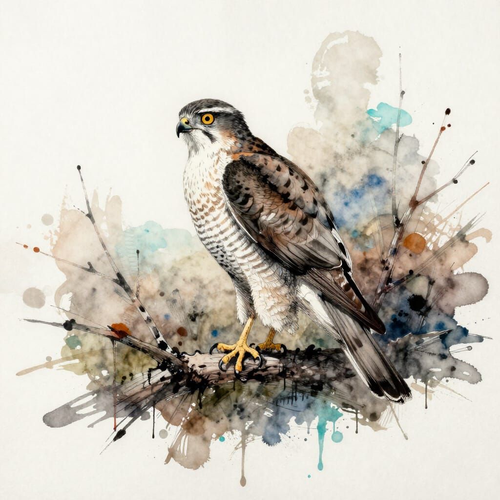 Sparrowhawk on Shadowy Branch, Mixed Media Painting