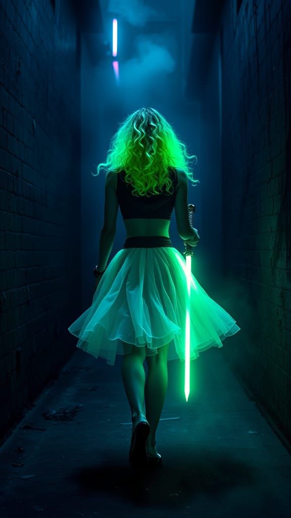 Futuristic Warrior Dancer in Neon-Lit Alleyway