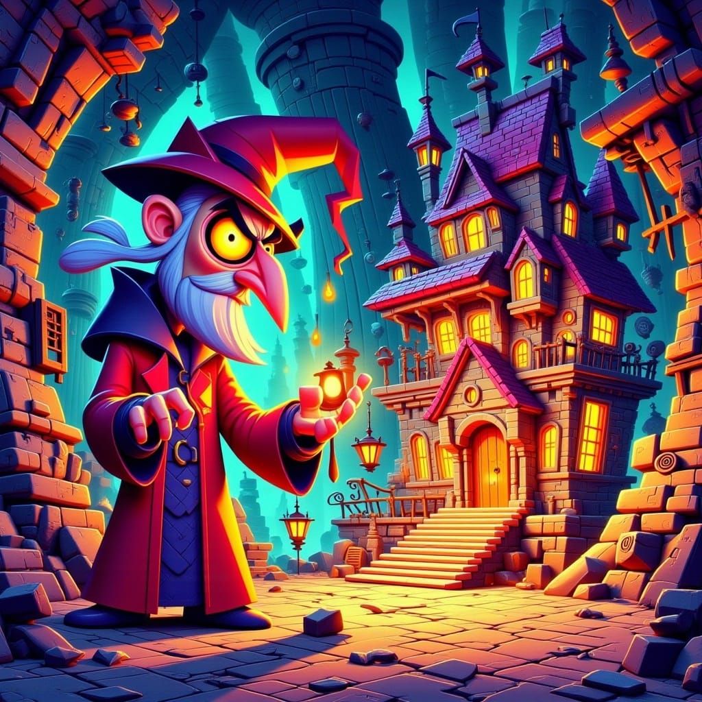Cartoon Sorcerer Casting Spell in Adventure Game Style