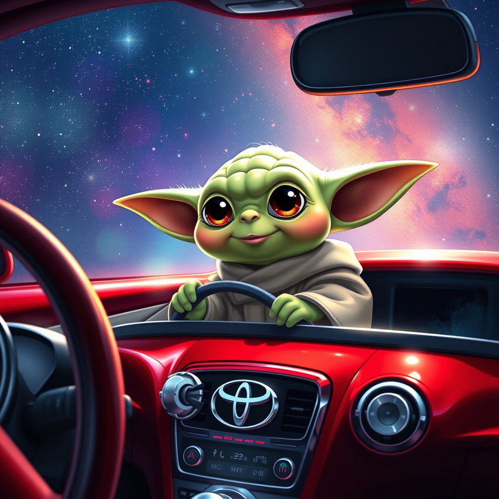 Kawaii Yoda Cruises Through the Galaxy in a Cherry-Red Toyot...